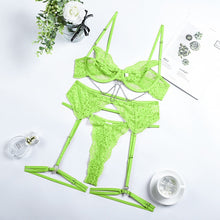 Load image into Gallery viewer, Yimunancy 3 Piece Lace Sexy Bra Set 2022 Gothic Metal Chain Perspective Underwear + Erotic Thong Set Women&#39;s Garter Set

