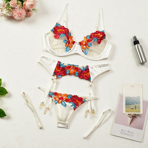 Yimunancy 3-Piece Contrast Color Lace Bra Set Women 10 Colors Embroidery Panty Underwear Set Ladies Blue Sexy Lingerie Set