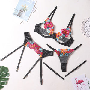 Yimunancy 3-Piece Contrast Color Lace Bra Set Women 10 Colors Embroidery Panty Underwear Set Ladies Blue Sexy Lingerie Set