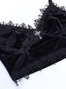 Goth Dark Mall Gothic Harajuku Velvet Camis Black Lace Trim Emo Alternative Aesthetic Crop Tops Women Backless Sexy Strap Tanks