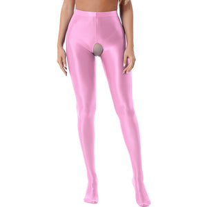 Womens Glossy Crotchless Pantyhose Sexy High Waist Oily Shiny Tights Leggings pants Exotic Wetlook Open Crotch  Nightwear