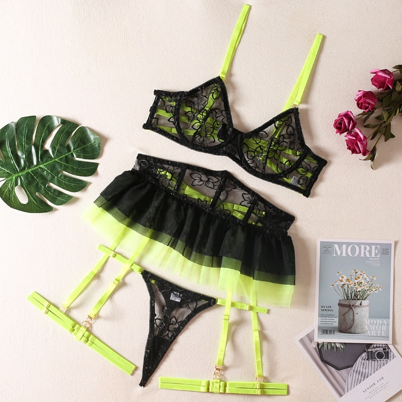 Yimunancy Lace Lingerie Set Women Sexy Patchwork Contrast Color Dress Mesh Brief Underwear Set Vintage Garter Kit