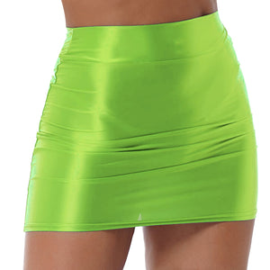 Womens Glossy Pencil Skirt Solid Color Casual High Waist Rave Party Festival Clubwear Elastic Miniskirt for Stage Performance