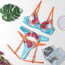 Load image into Gallery viewer, Yimunancy 3-Piece Contrast Color Lace Bra Set Women 10 Colors Embroidery Panty Underwear Set Ladies Blue Sexy Lingerie Set
