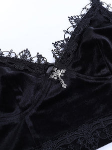 Goth Dark Mall Gothic Harajuku Velvet Camis Black Lace Trim Emo Alternative Aesthetic Crop Tops Women Backless Sexy Strap Tanks