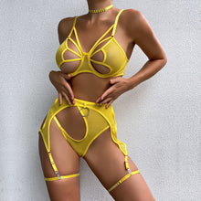 Load image into Gallery viewer, Yimunancy 4-Piece Mesh Exotic Set Women Choker Bandage Fancy Kit Yellow Cut Out Sexy Lingerie Set
