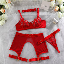 Load image into Gallery viewer, Yimunancy 4-Piece Bandage Lingerie Set 3 Colors Garter Hallow Out Thong Choker Mesh Sexy Exotic Set Fancy Kit
