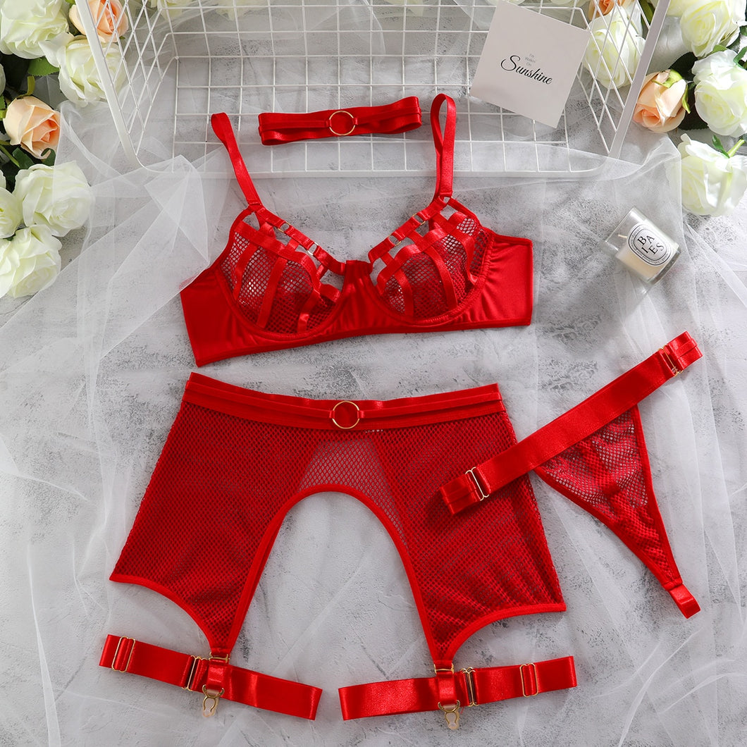 Yimunancy 4-Piece Bandage Lingerie Set 3 Colors Garter Hallow Out Thong Choker Mesh Sexy Exotic Set Fancy Kit