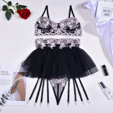 Load image into Gallery viewer, Yimunancy 3-Piece Floral Embroidery Lingerie Set Women Black Ball Gown Erotic Set Sexy Thong Brief Kit
