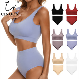 CINOON Sexy Seamless Tops Set High Waist Panties Women Wireless Underwear Suit Soft Padded Bras Set Backless Bralette Lingerie