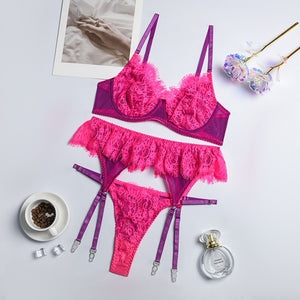 Yimunancy Lace Patchwork Lingerie Set Women 3-Piece Contrast Color Sexy Erotic Set Fancy Brief Kit