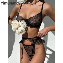 Load image into Gallery viewer, Yimunancy Floral Embroidery Erotic Set Women 3-Piece 3 Colors Fancy Sexy Lingerie Set Brief Transparent Garter Kit
