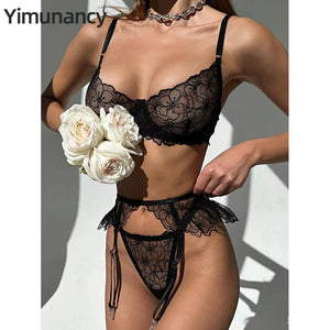 Yimunancy Floral Embroidery Erotic Set Women 3-Piece 3 Colors Fancy Sexy Lingerie Set Brief Transparent Garter Kit