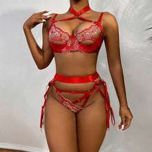 Load image into Gallery viewer, Yimunancy 3-Piece Lace Lingerie Set Women Cut Out 5 Colors Embroidery Floral Erotic Set Pink Bandage Sexy Brief Kit
