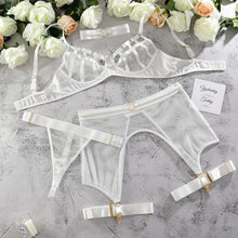 Load image into Gallery viewer, Yimunancy 4-Piece Bandage Lingerie Set 3 Colors Garter Hallow Out Thong Choker Mesh Sexy Exotic Set Fancy Kit
