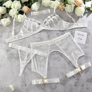 Yimunancy 4-Piece Bandage Lingerie Set 3 Colors Garter Hallow Out Thong Choker Mesh Sexy Exotic Set Fancy Kit