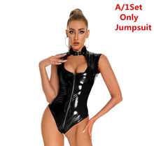 Load image into Gallery viewer, Women Sexy Hollow Out Glossy Latex Catsuit Wetlook Faux Leather Jumpsuit Exotic Zipper Open Crotch Bodysuit Clubwear Overalls
