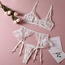 Load image into Gallery viewer, Yimunancy Floral Embroidery Erotic Set Women 3-Piece 3 Colors Fancy Sexy Lingerie Set Brief Transparent Garter Kit
