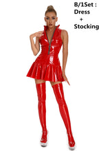 Load image into Gallery viewer, Sexy Womens Dress Clubwear Wetlook Latex Bodycon Costume Glossy Zipper Wet Look Pu Leather Sleeveless Pleated Dresses
