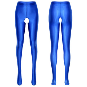 Womens Glossy Crotchless Pantyhose Sexy High Waist Oily Shiny Tights Leggings pants Exotic Wetlook Open Crotch  Nightwear