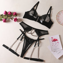 Load image into Gallery viewer, Yimunancy 3-Piece Embroidery Lingerie Set Women 3 Colors Sexy Erotic Set Fancy Chain Luxury Garter Kit
