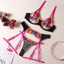 Load image into Gallery viewer, Yimunancy 3-Piece Contrast Color Lace Bra Set Women 10 Colors Embroidery Panty Underwear Set Ladies Blue Sexy Lingerie Set
