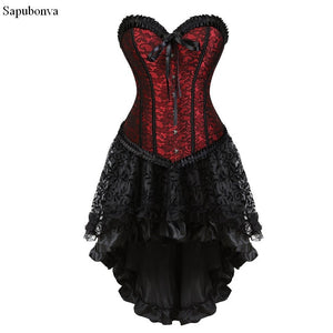 Sapubonva Gothic Floral Lace up Corset Dress Showgirl Clubwear Lingerie Costume Burlesque Corset and Skirt Set Exotic Women&#39;s