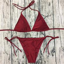 Load image into Gallery viewer, Fashion New Swimwear Women&#39;s Sexy Triangle Bikini Small Chest Strap Three-Point Wine Reddish Black Coffee Color Bikini
