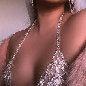 Sexy Rhinestone Chain Body Lingerie Set Heart Body Jewelry for Women Fashion Bikini Underwear Jewelry Bling Crystal Bra Thong