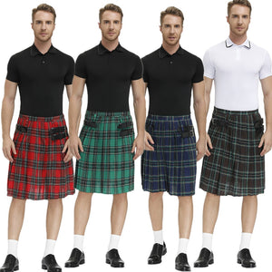Men Scotland Kilt Traditional Plaid Belt Pleated Bilateral Chain Gothic Punk Hip-hop Avant Garde Scottish Tartan Trousers Skirts