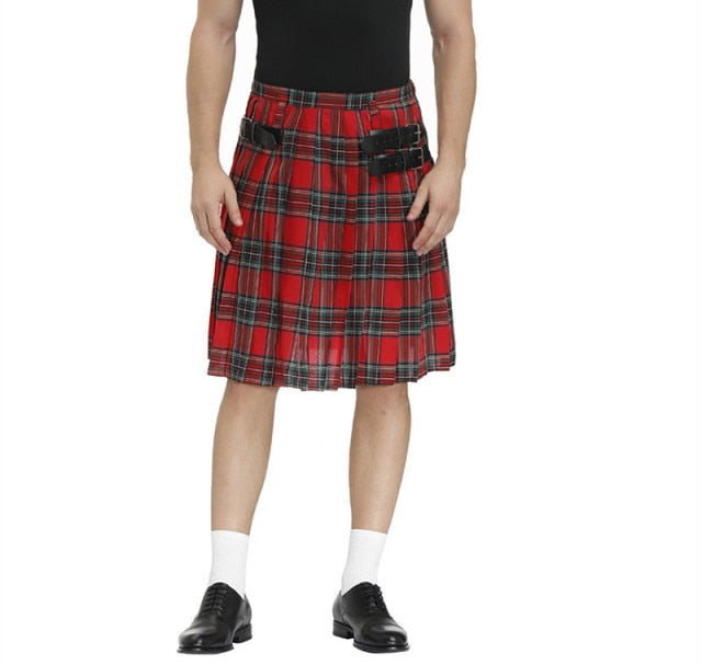 Men Scotland Kilt Traditional Plaid Belt Pleated Bilateral Chain Gothic Punk Hip-hop Avant Garde Scottish Tartan Trousers Skirts